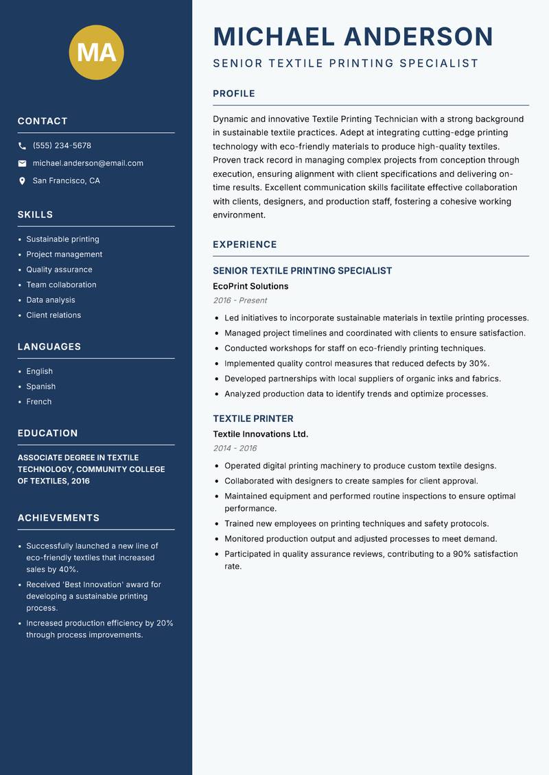 Textile Printing Technician resume template — Classic Clean