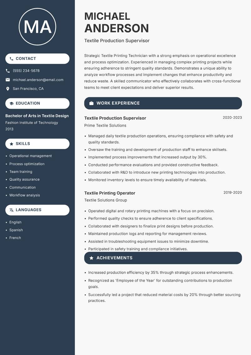Textile Printing Technician resume template — Compact