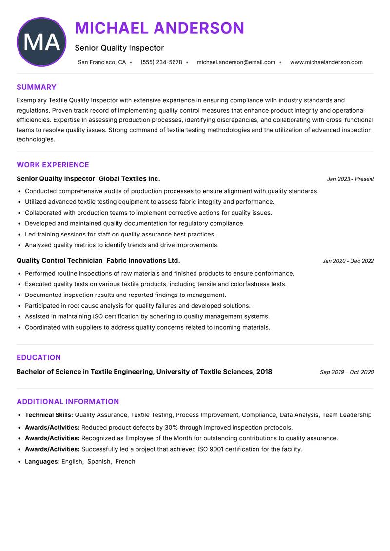 Textile Quality Inspector resume example — ATS-friendly template