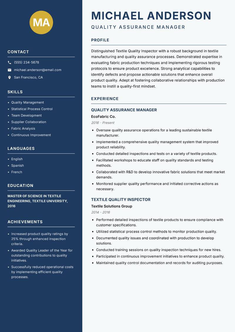Textile Quality Inspector resume template — Classic Clean