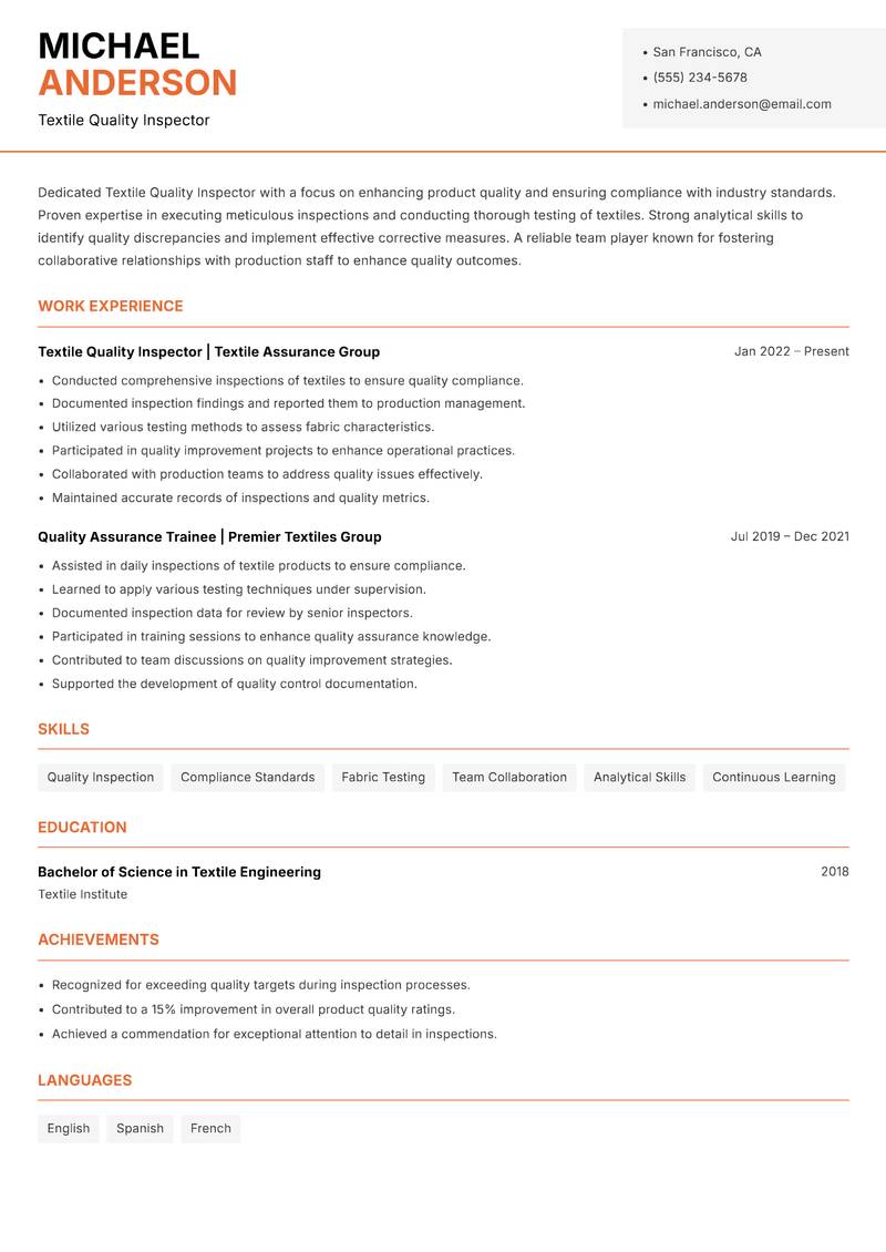 Textile Quality Inspector resume template — Modern Professional