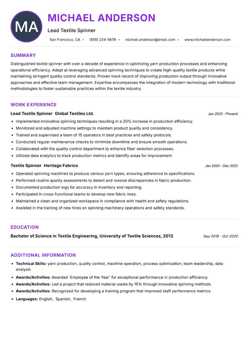 Textile Spinner resume example — ATS-friendly template