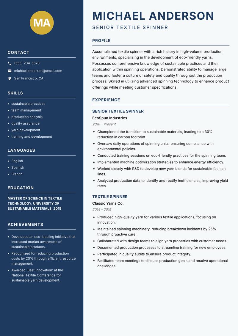 Textile Spinner resume template — Classic Clean