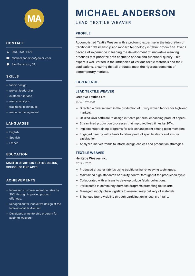 Textile Weaver resume template — Classic Clean