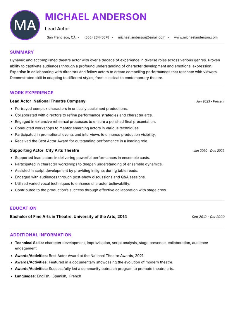 Theatre Actor resume example — ATS-friendly template