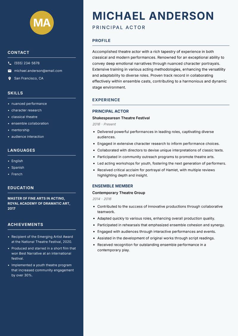 Theatre Actor resume template — Classic Clean