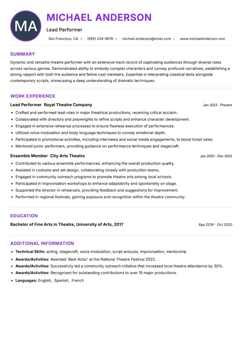 Theatre Performer resume example — ATS-friendly template