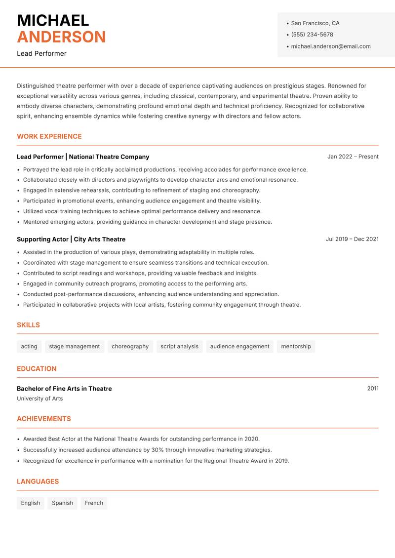 Theatre Performer resume template — Modern Professional