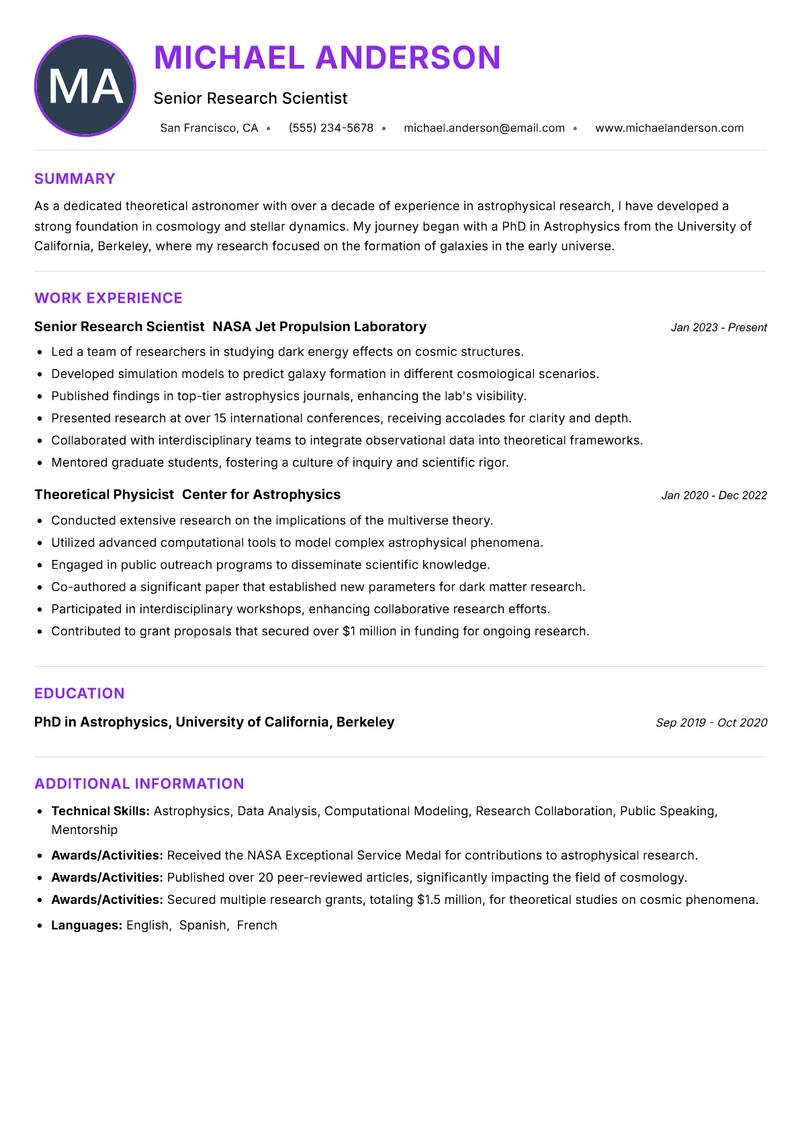 Theoretical Astronomer resume example — ATS-friendly template