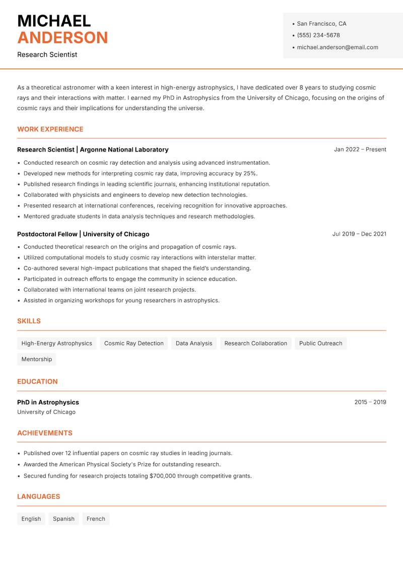 Theoretical Astronomer resume template — Modern Professional