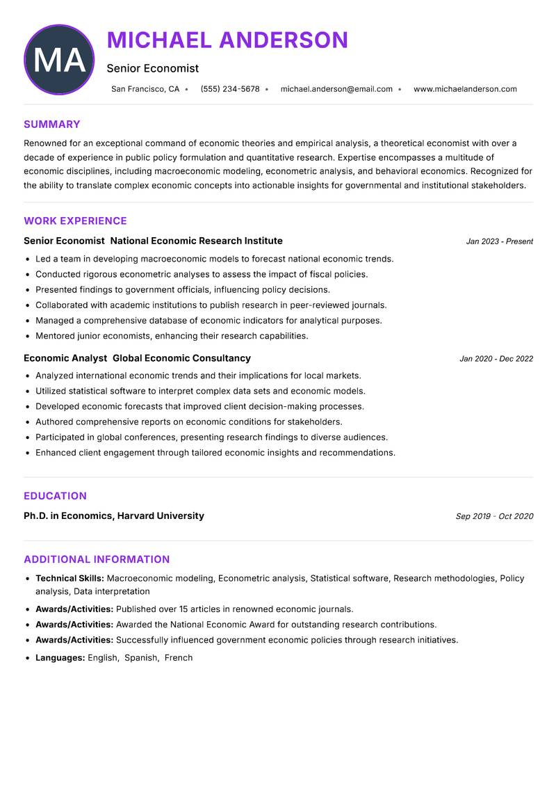 Theoretical Economist resume example — ATS-friendly template