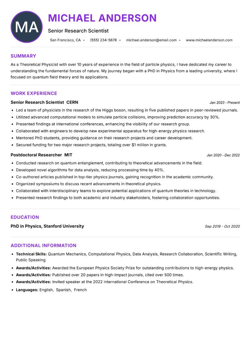 Theoretical Physicist resume example — ATS-friendly template