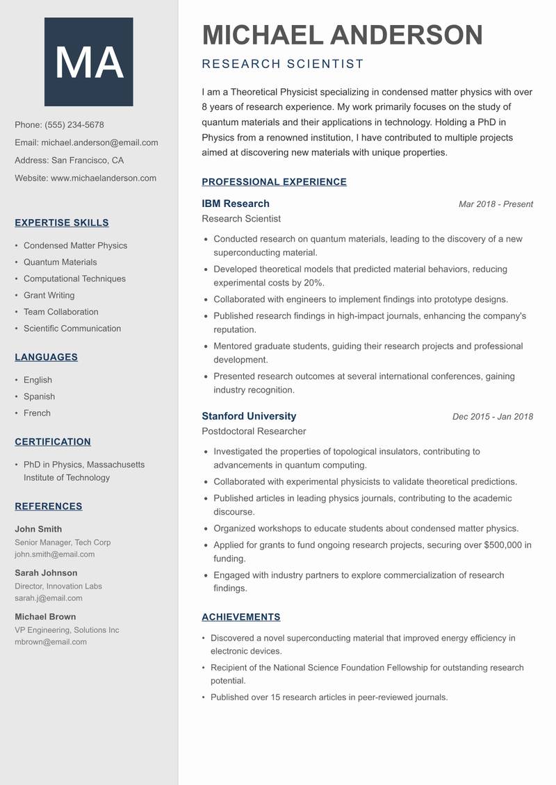 Theoretical Physicist resume template — Creative Minimal