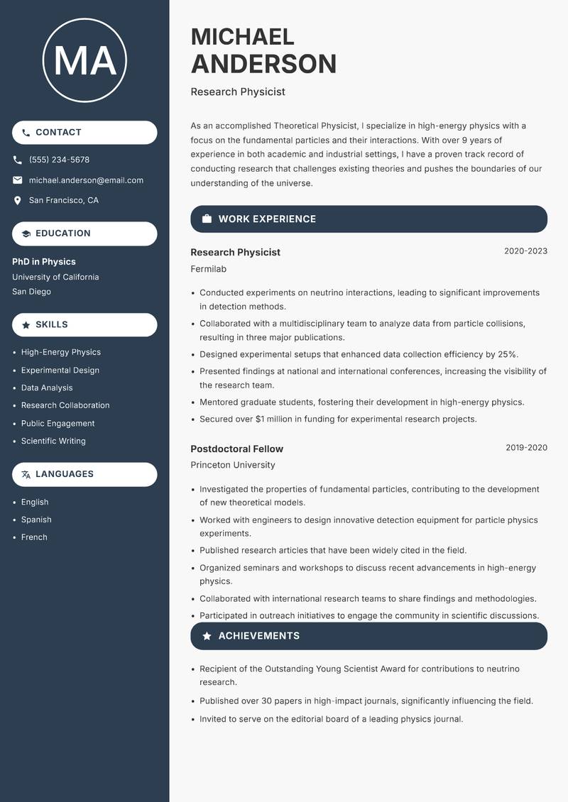Theoretical Physicist resume template — Compact