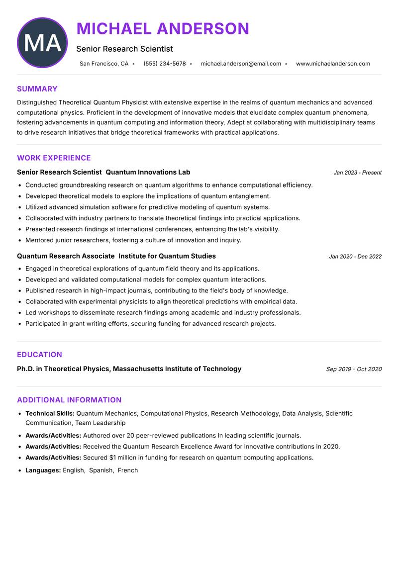 Theoretical Quantum Physicist resume example — ATS-friendly template