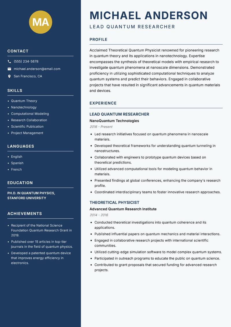 Theoretical Quantum Physicist resume template — Classic Clean