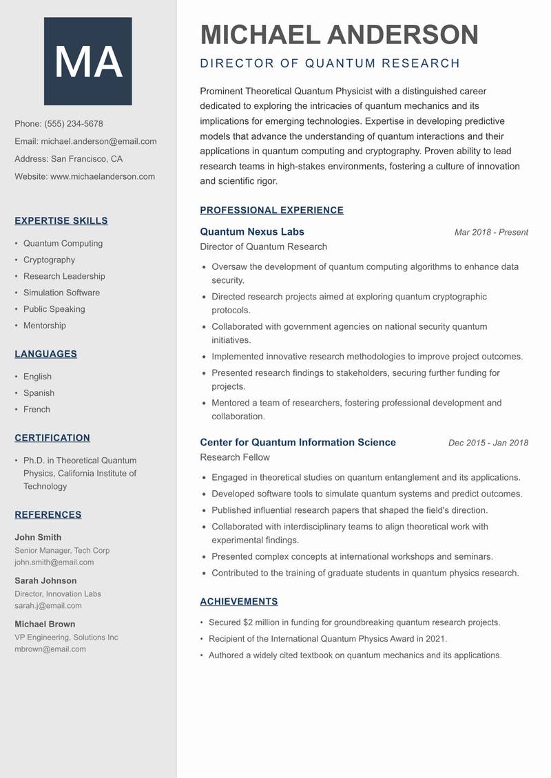 Theoretical Quantum Physicist resume template — Creative Minimal