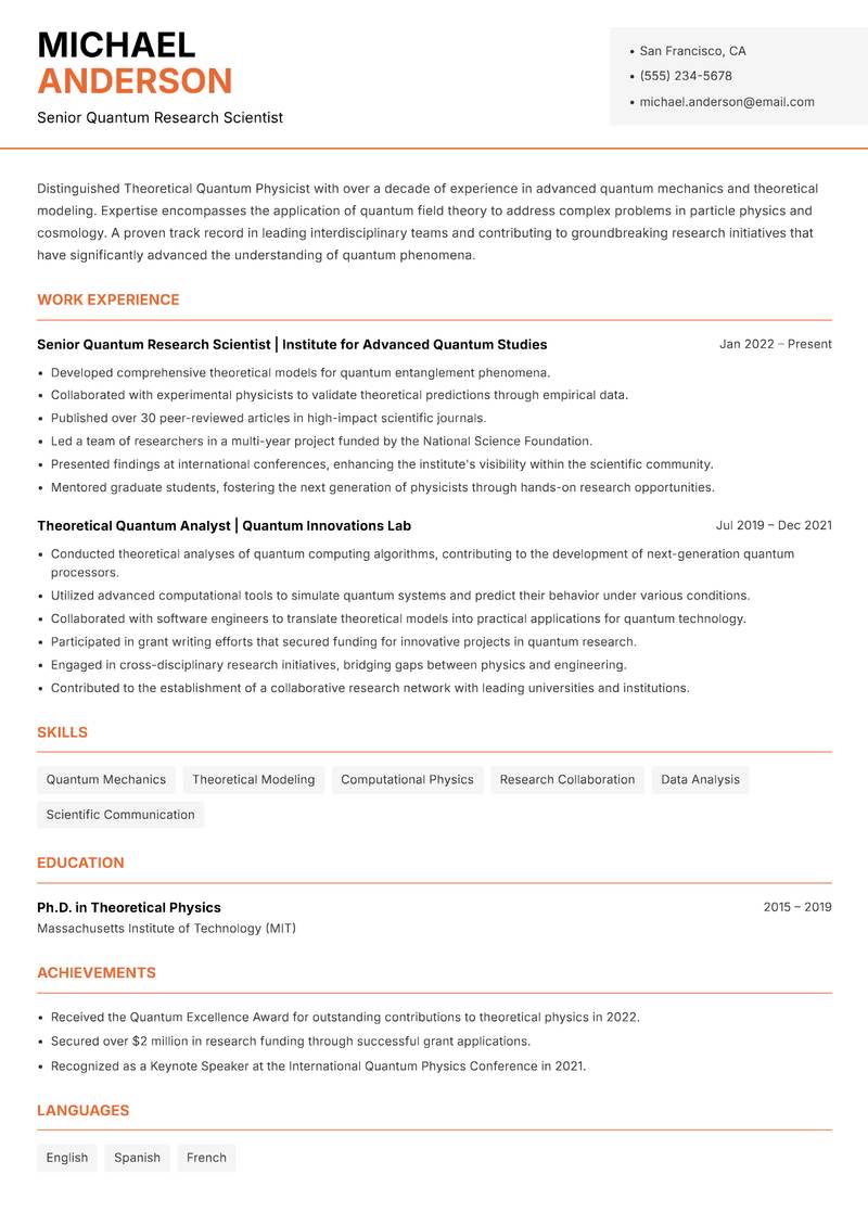 Theoretical Quantum Physicist resume template — Modern Professional