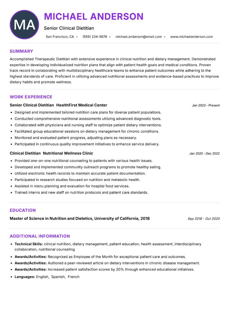 Therapeutic Dietitian resume example — ATS-friendly template