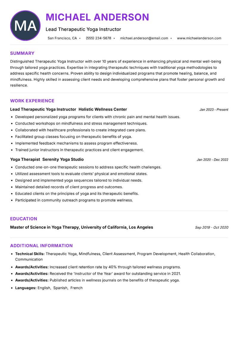 Therapeutic Yoga Instructor resume example — ATS-friendly template