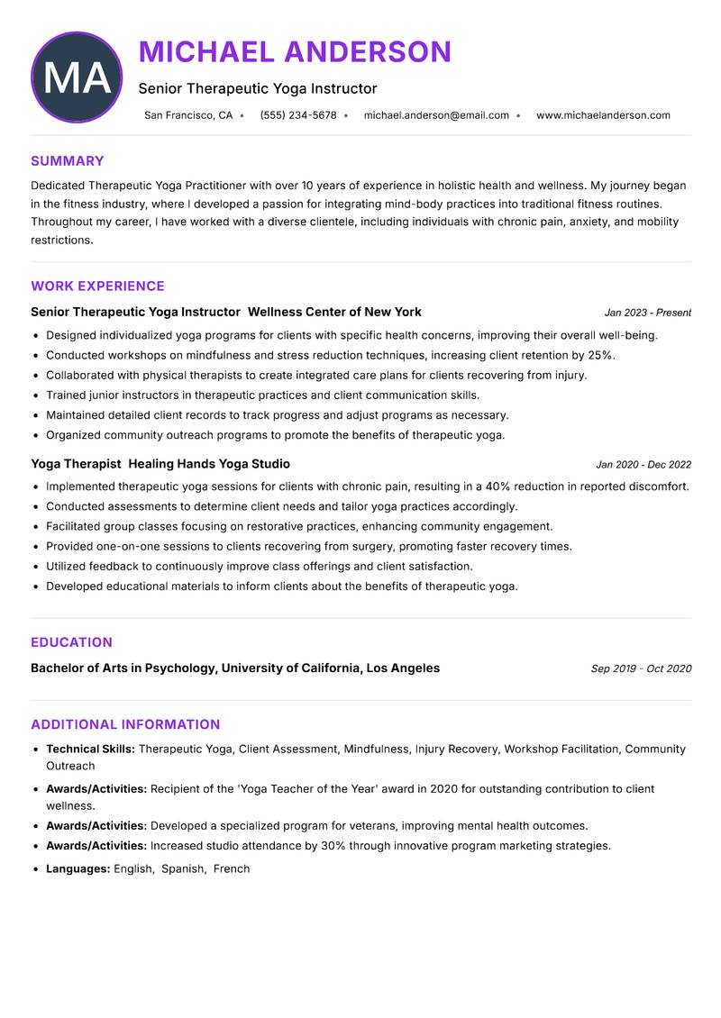 Therapeutic Yoga Practitioner resume example — ATS-friendly template
