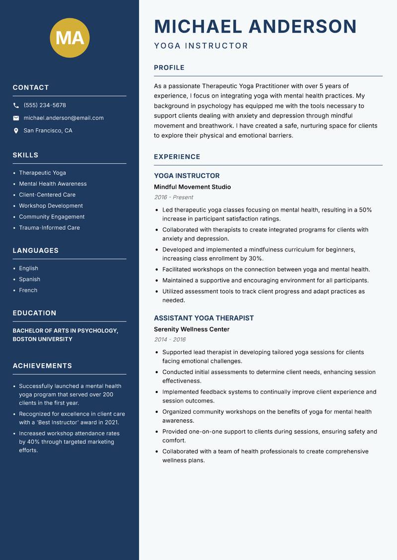 Therapeutic Yoga Practitioner resume template — Classic Clean