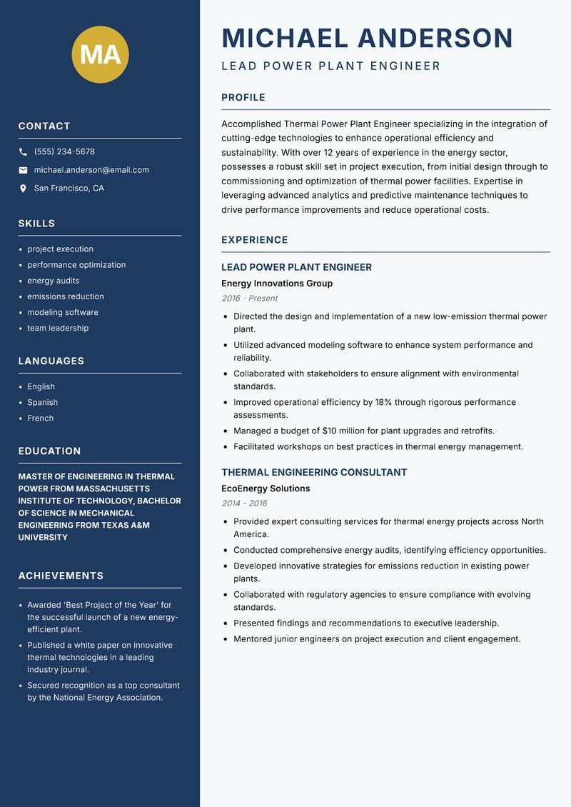 Thermal Power Plant Engineer resume template — Classic Clean