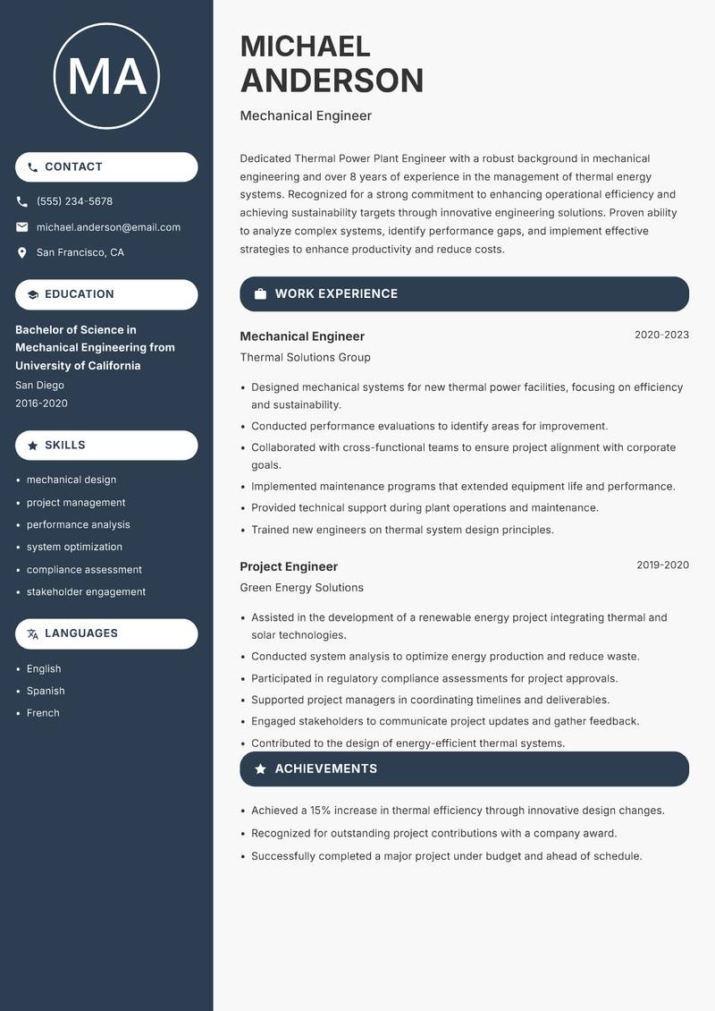Thermal Power Plant Engineer resume template — Compact