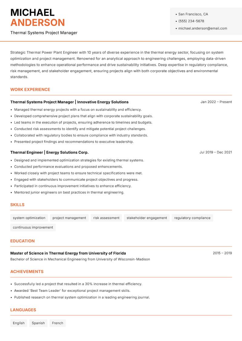Thermal Power Plant Engineer resume template — Modern Professional