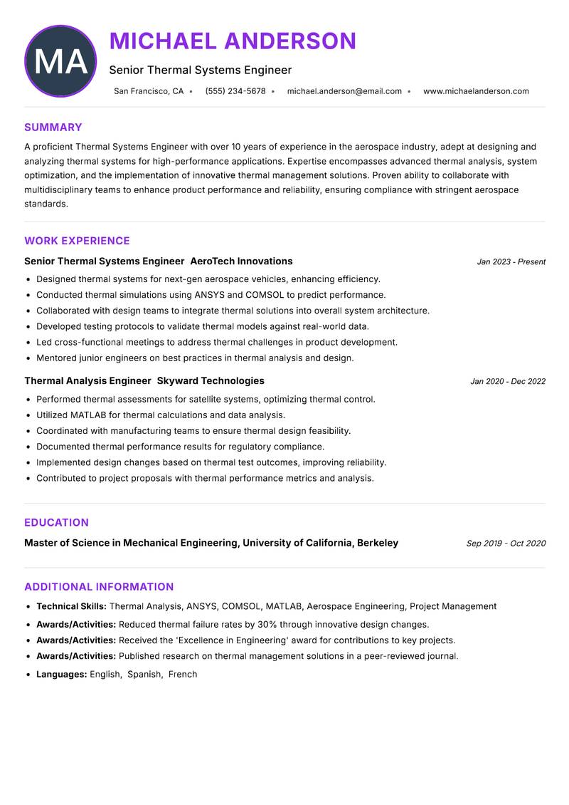 Thermal Systems Engineer resume example — ATS-friendly template
