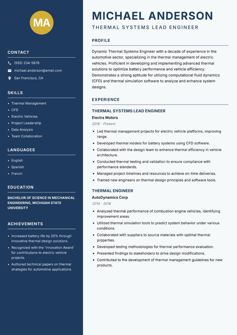 Thermal Systems Engineer resume template — Classic Clean