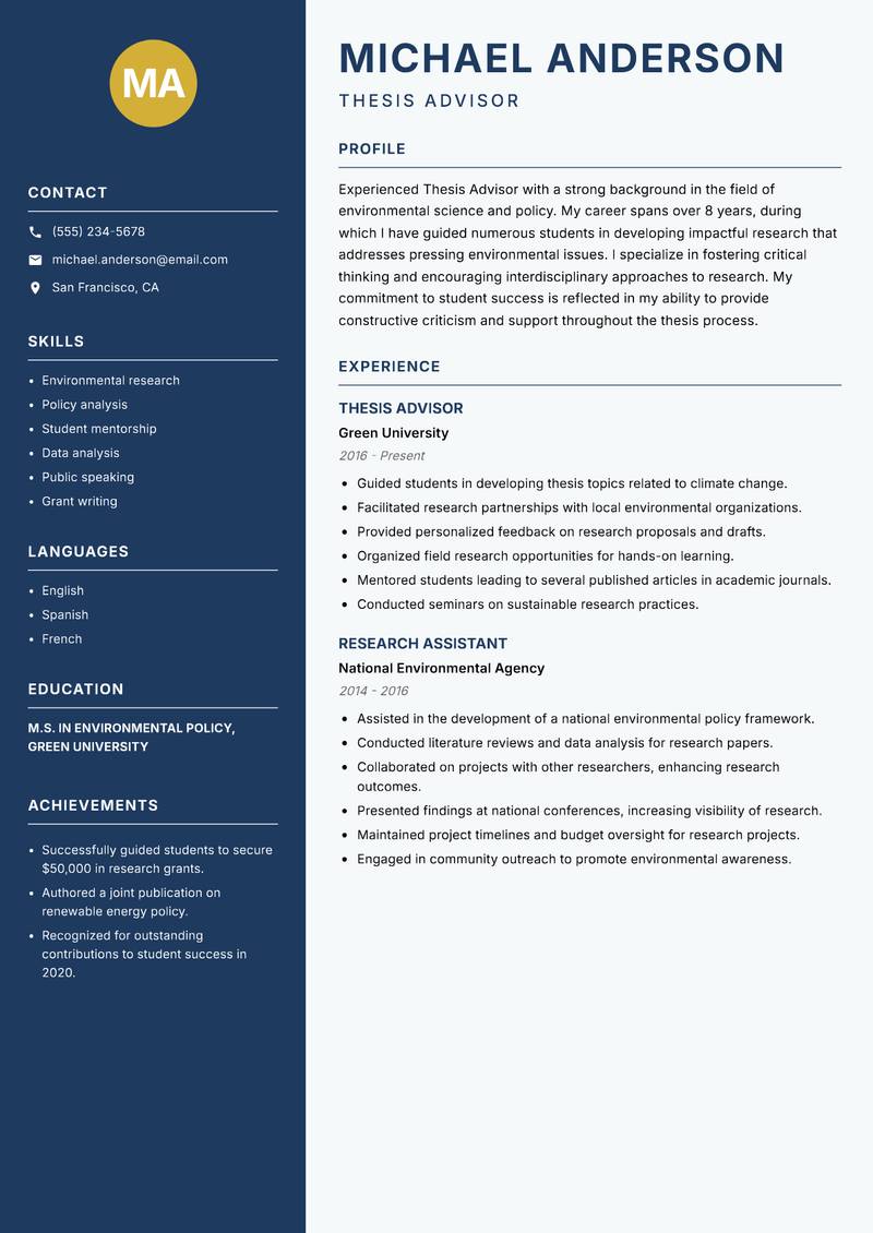 Thesis Advisor resume template — Classic Clean