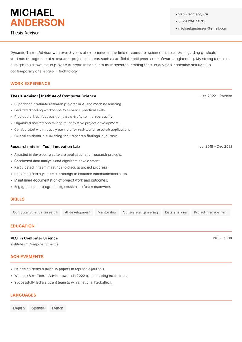 Thesis Advisor resume template — Modern Professional