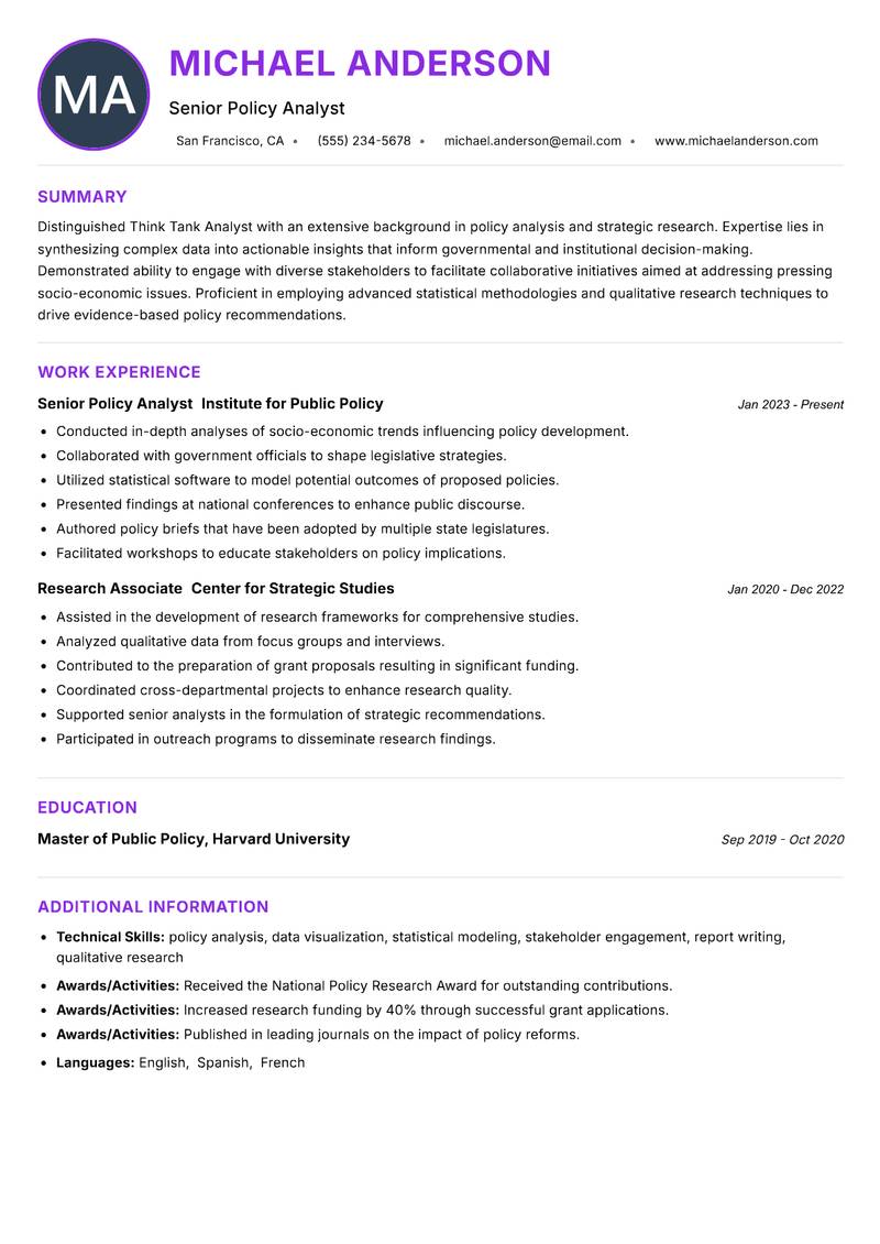 Think Tank Analyst resume example — ATS-friendly template