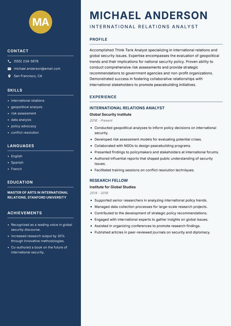 Think Tank Analyst resume template — Classic Clean
