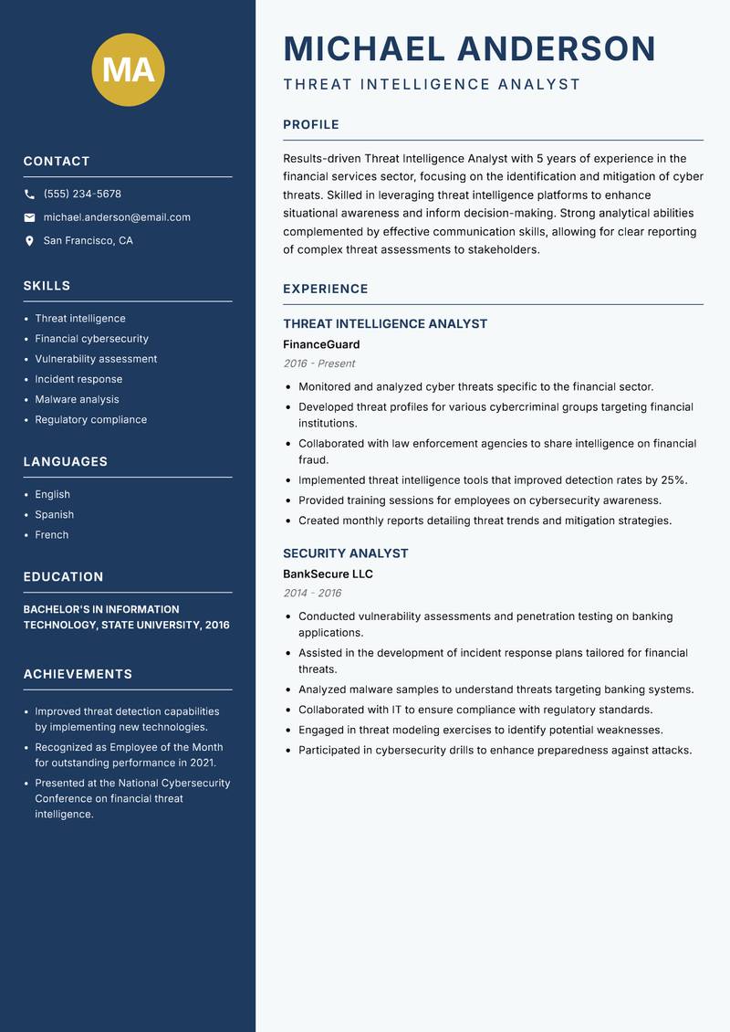Threat Intelligence Analyst resume template — Classic Clean