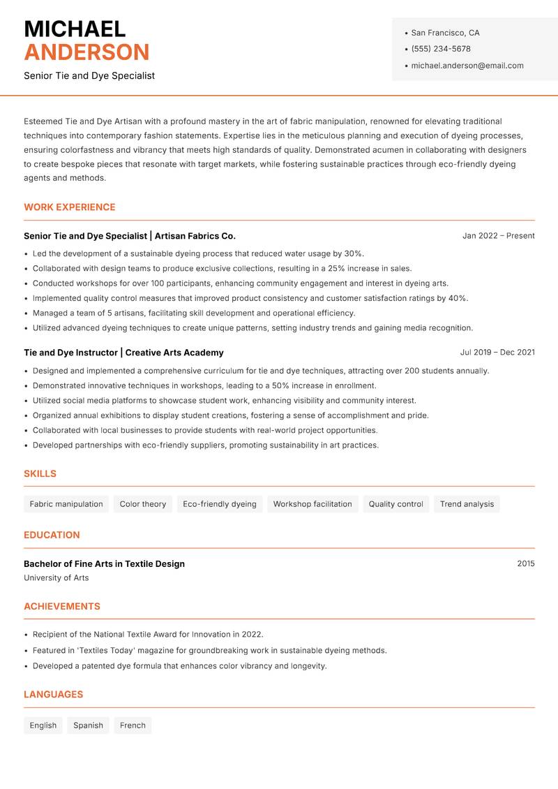 Tie and Dye Artisan resume template — Modern Professional