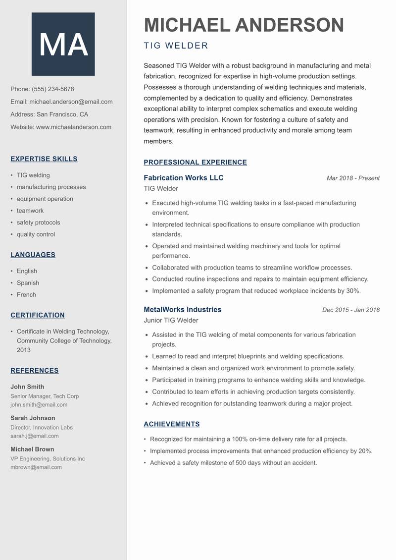 TIG Welder resume template — Creative Minimal