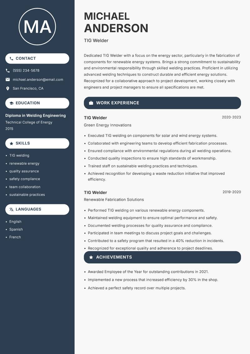 TIG Welder resume template — Compact