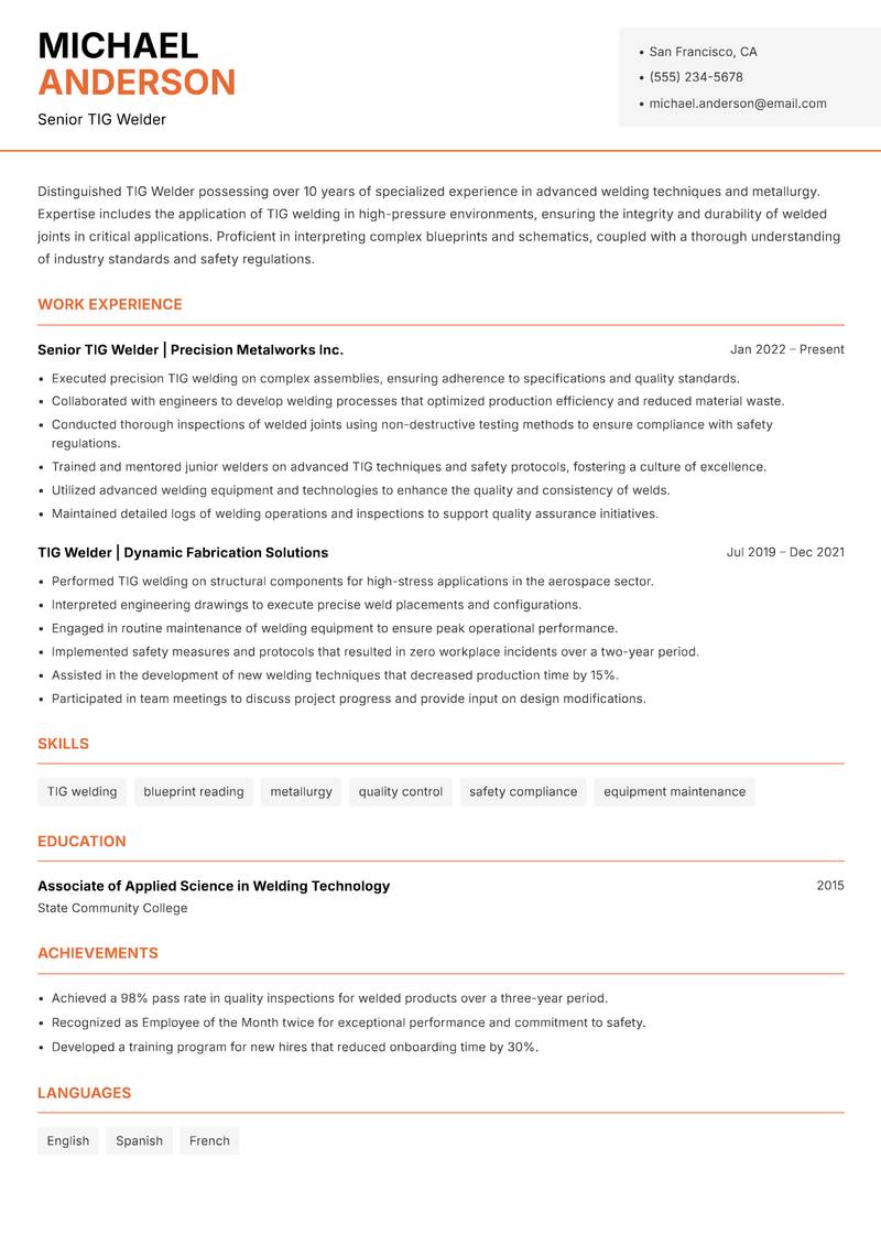 TIG Welder resume template — Modern Professional