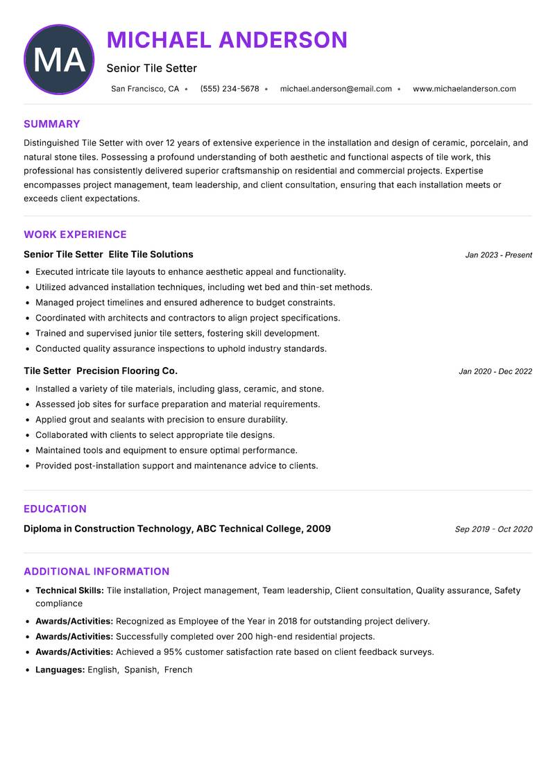 Tile Setter resume example — ATS-friendly template