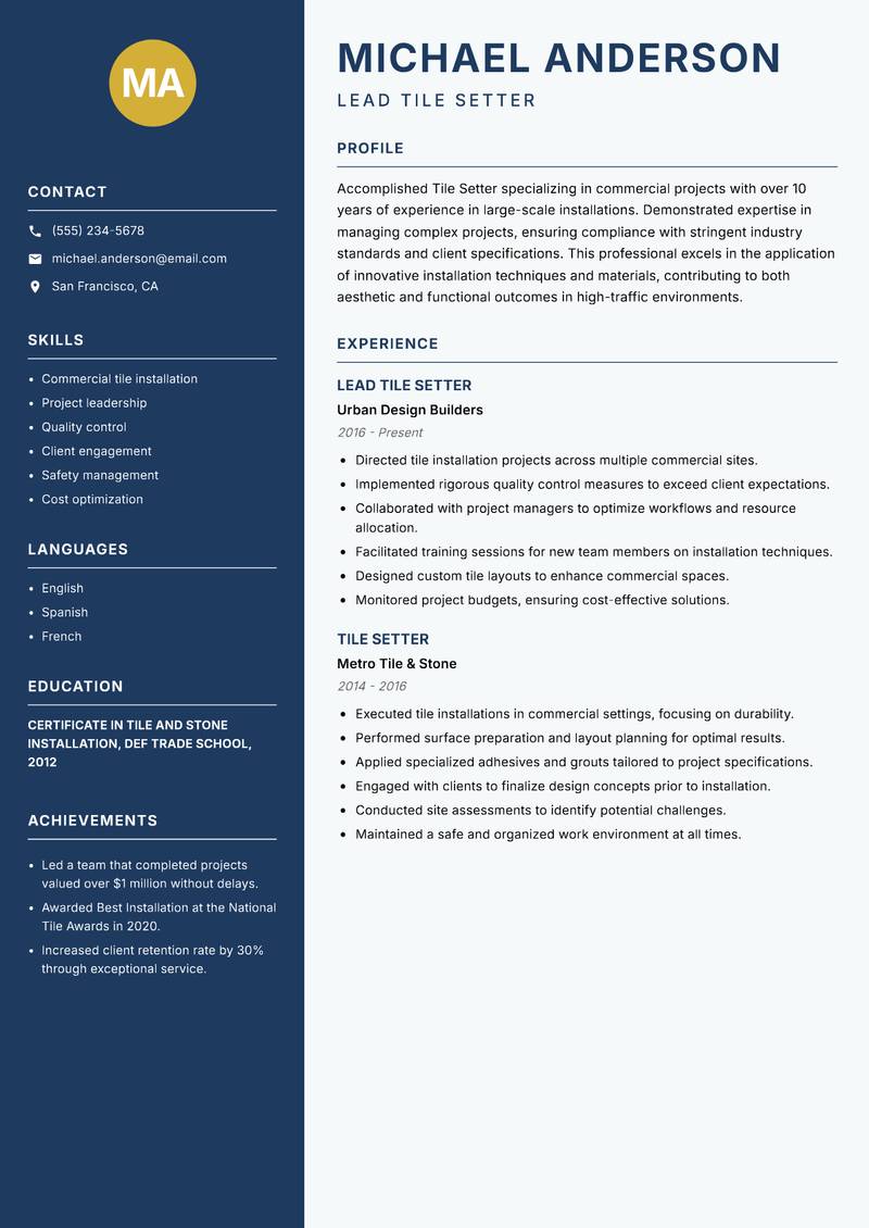 Tile Setter resume template — Classic Clean