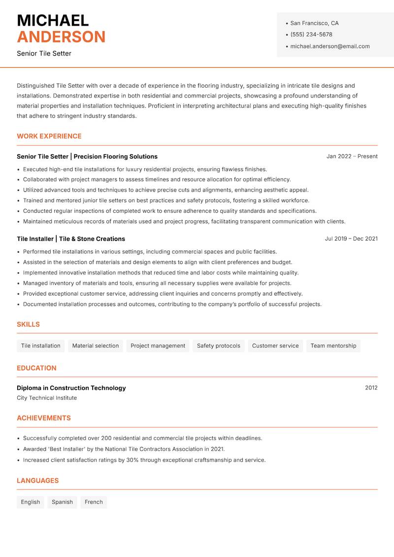 Tile Setter resume template — Modern Professional