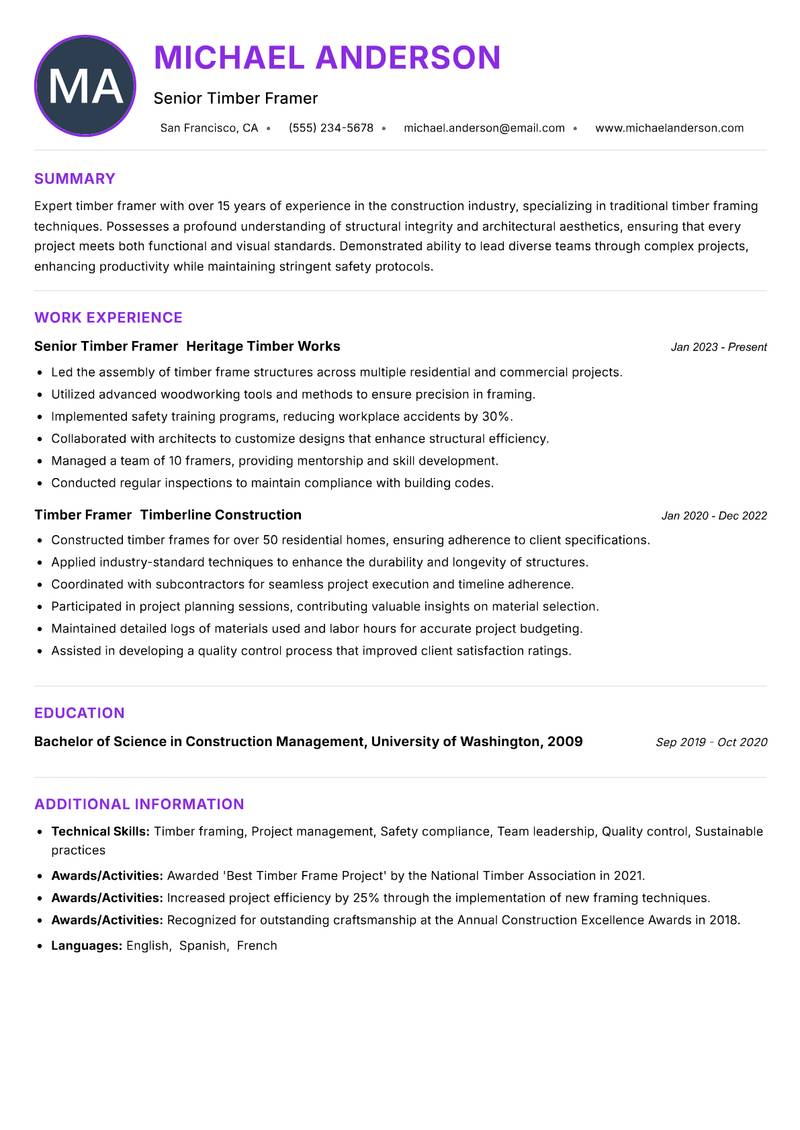 Timber Framer resume example — ATS-friendly template