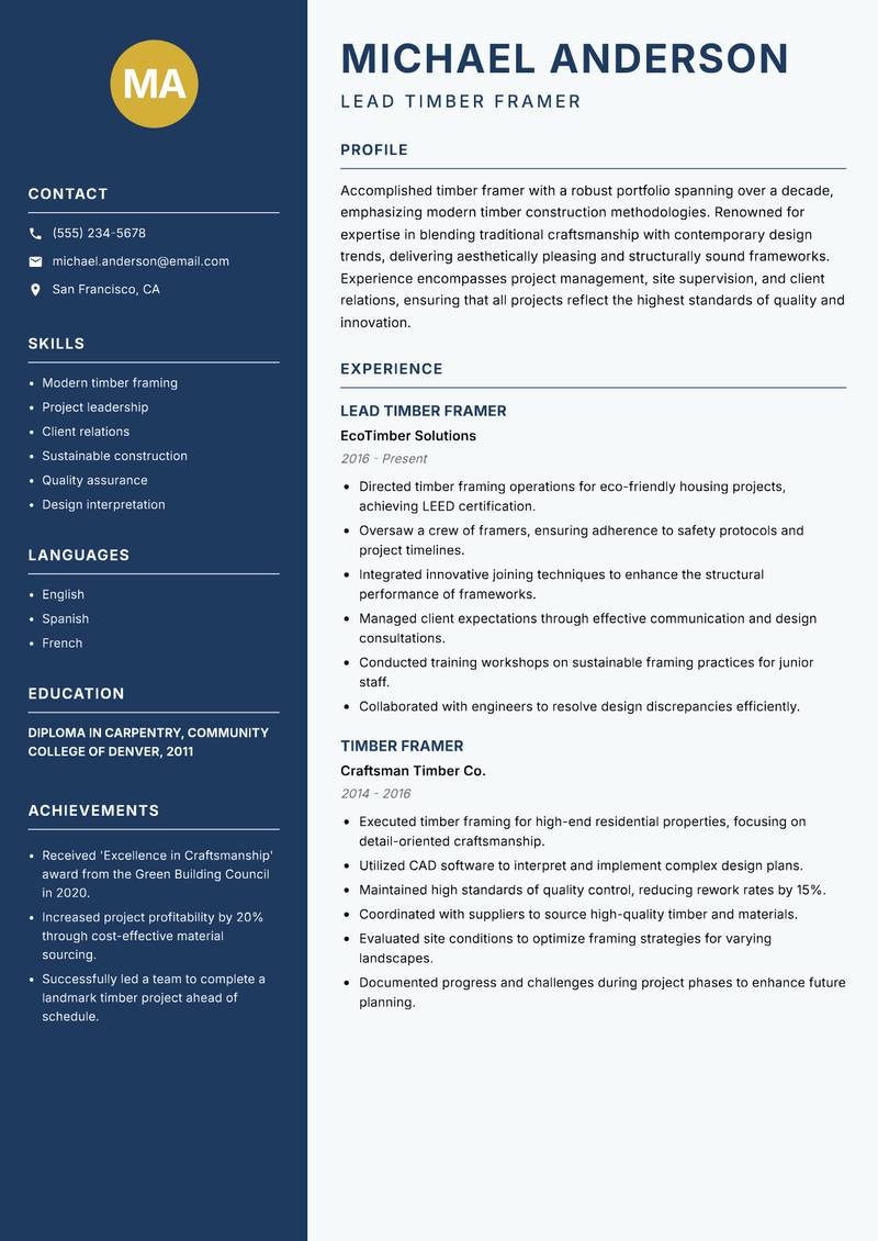 Timber Framer resume template — Classic Clean