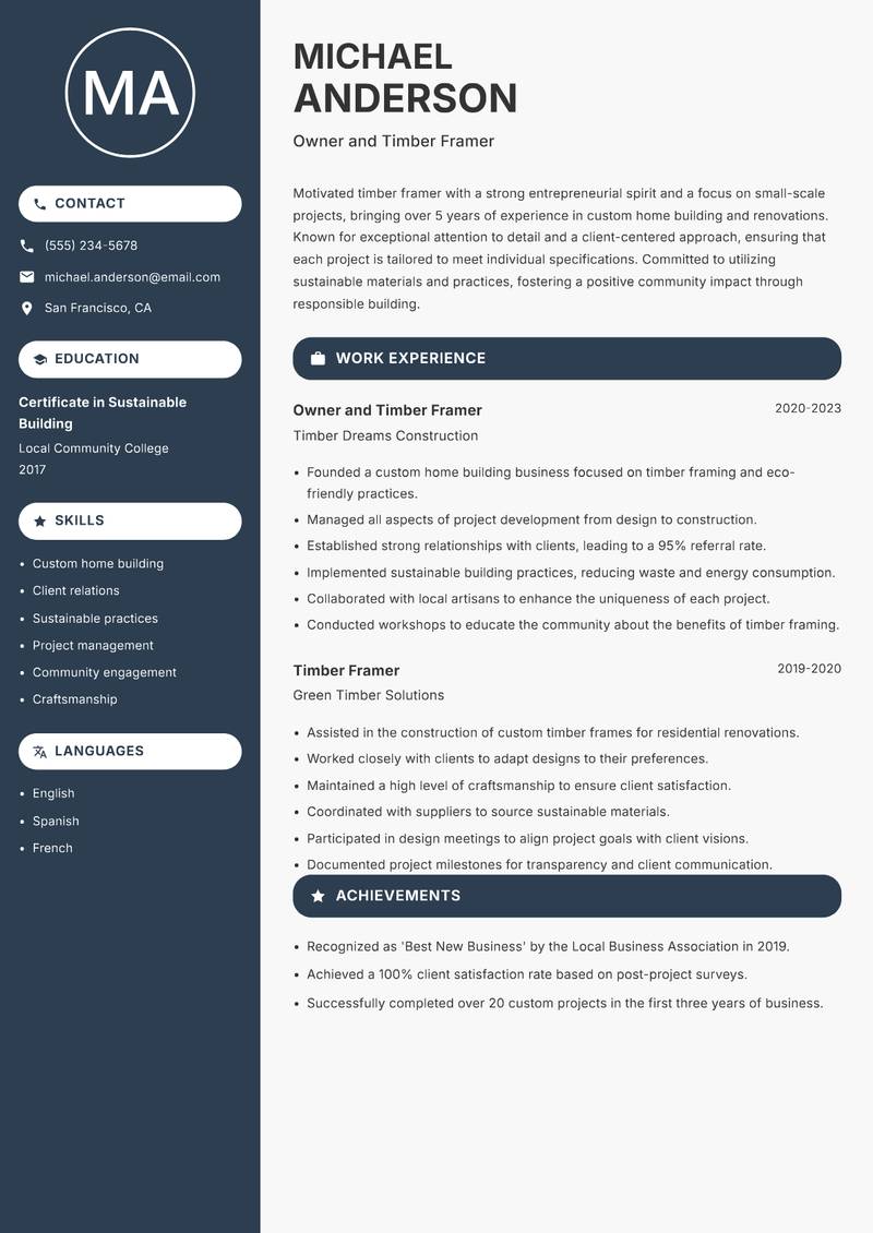 Timber Framer resume template — Compact