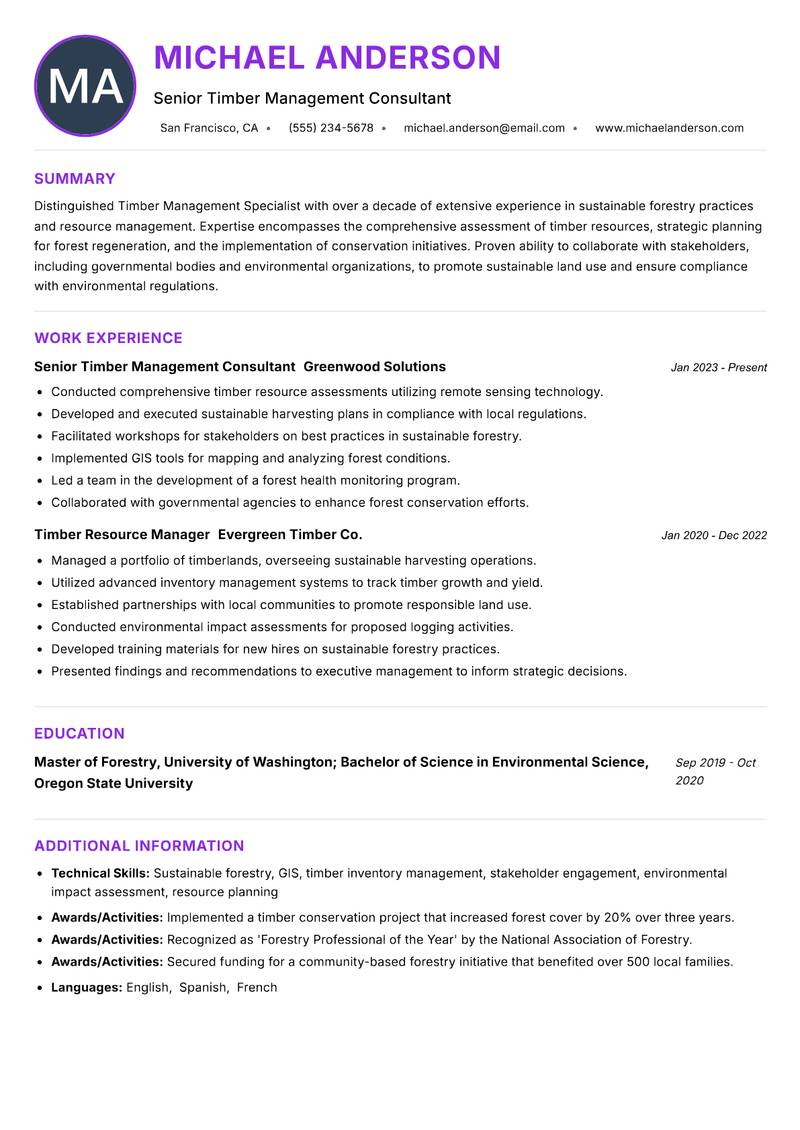 Timber Management Specialist resume example — ATS-friendly template