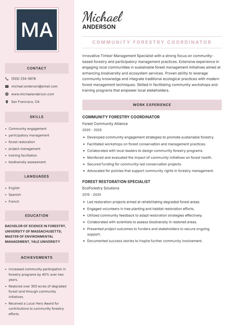 Timber Management Specialist resume template — Executive