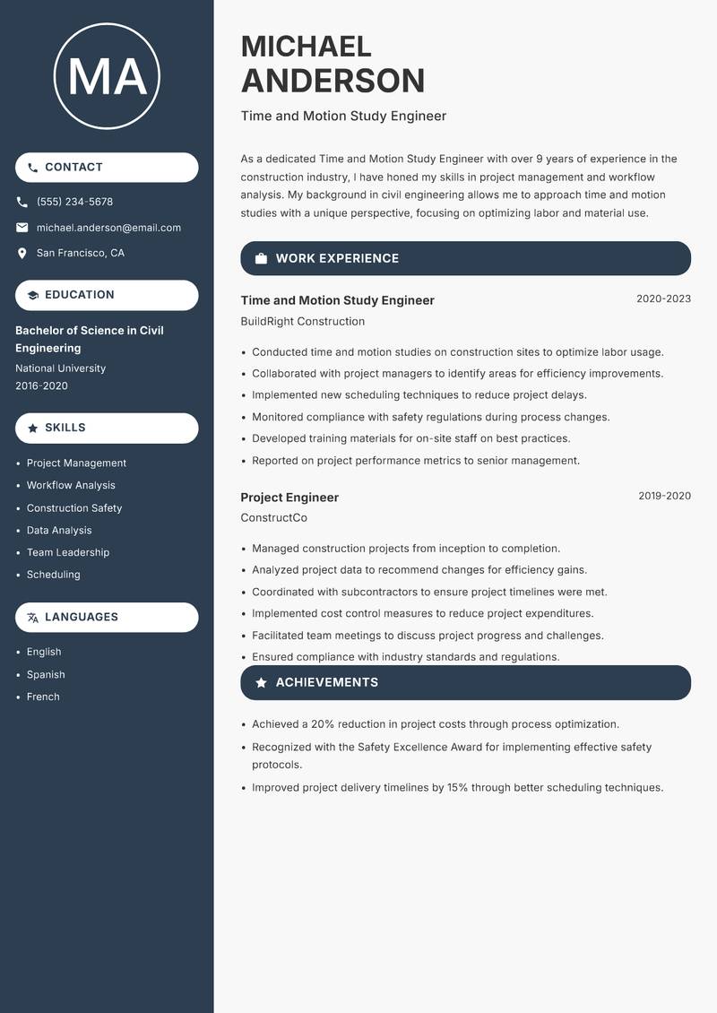 Time and Motion Study Engineer resume template — Compact