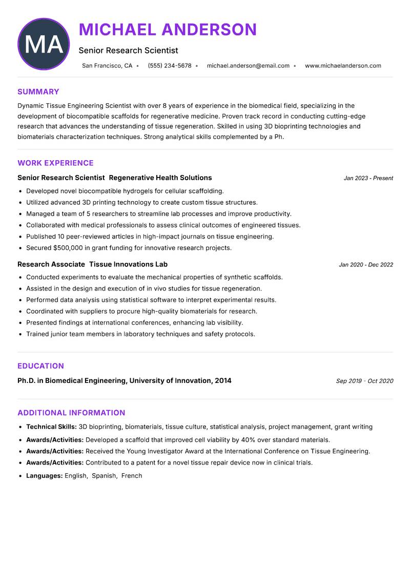 Tissue Engineering Scientist resume example — ATS-friendly template
